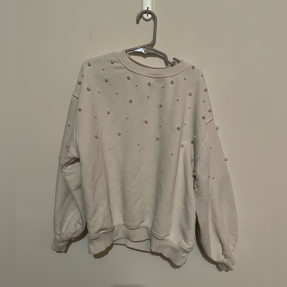 Zara White‎ Sweatshirt SZ 8-9 Pearl Detail Long Sleeve Cottagecore Casual girls